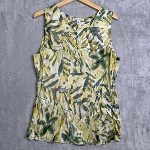 Banana Republic Top Womens 14 Satin Yellow Gray Pleated V Neck Sleeveless Career